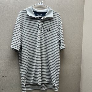 Under Armour Mens Shirt Polo Large White Striped Heat Gear Loose Fit Casual Golf